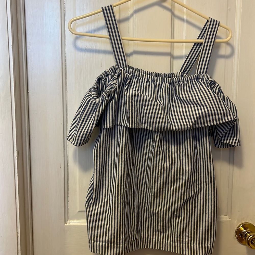 J.Crew Factory Blue and White Striped Off the Shoulder Top